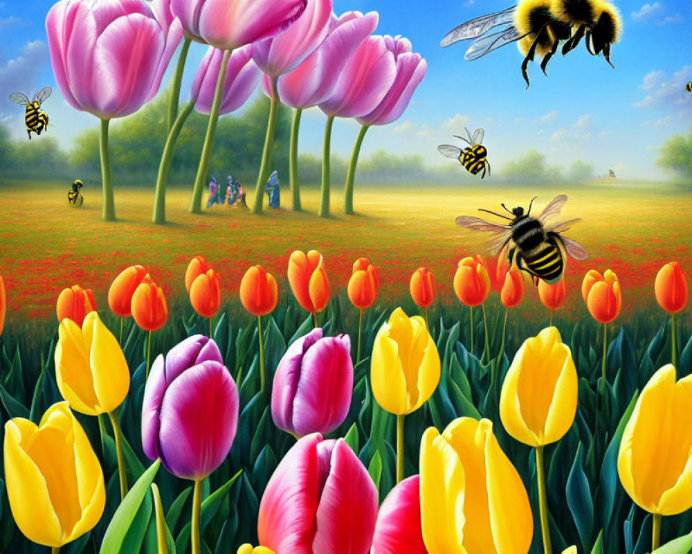 Surreal landscape with oversized tulips, bees, and tiny human figures