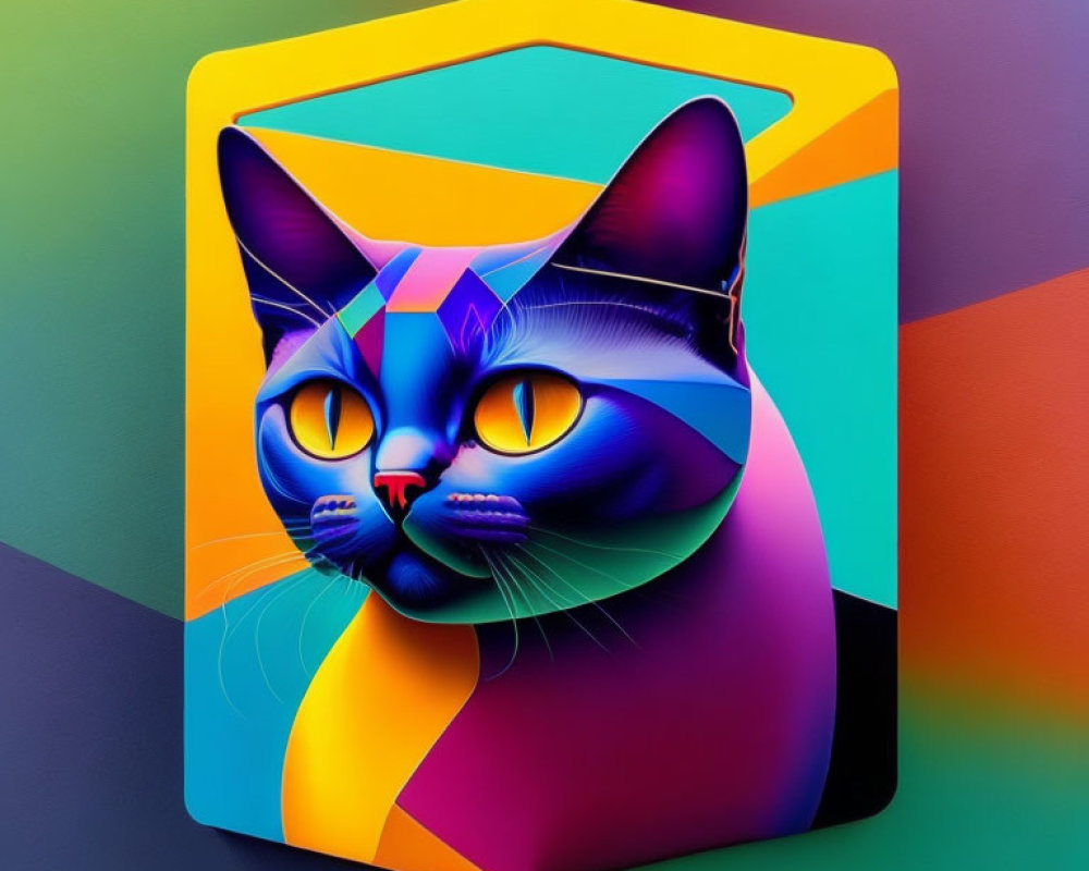 Colorful Stylized Cat Art with Geometric Shapes and Vibrant Hues