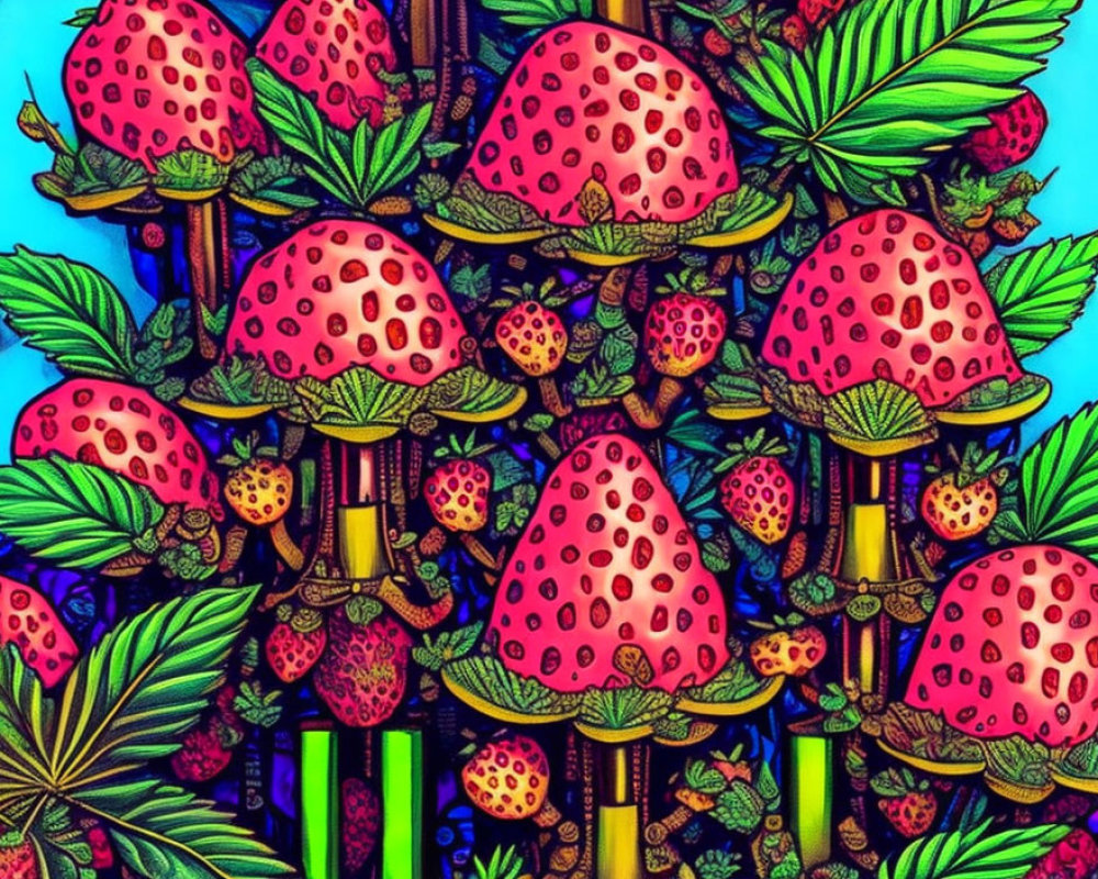 Colorful whimsical forest with oversized strawberry-shaped mushrooms among lush green foliage