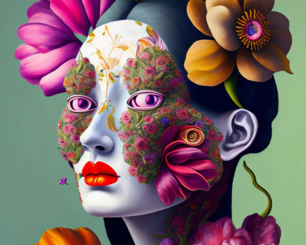 Surreal portrait of woman with floral and bee elements on green background