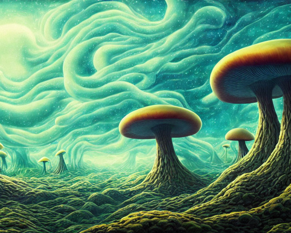 Surreal landscape with towering mushroom-like structures under green sky