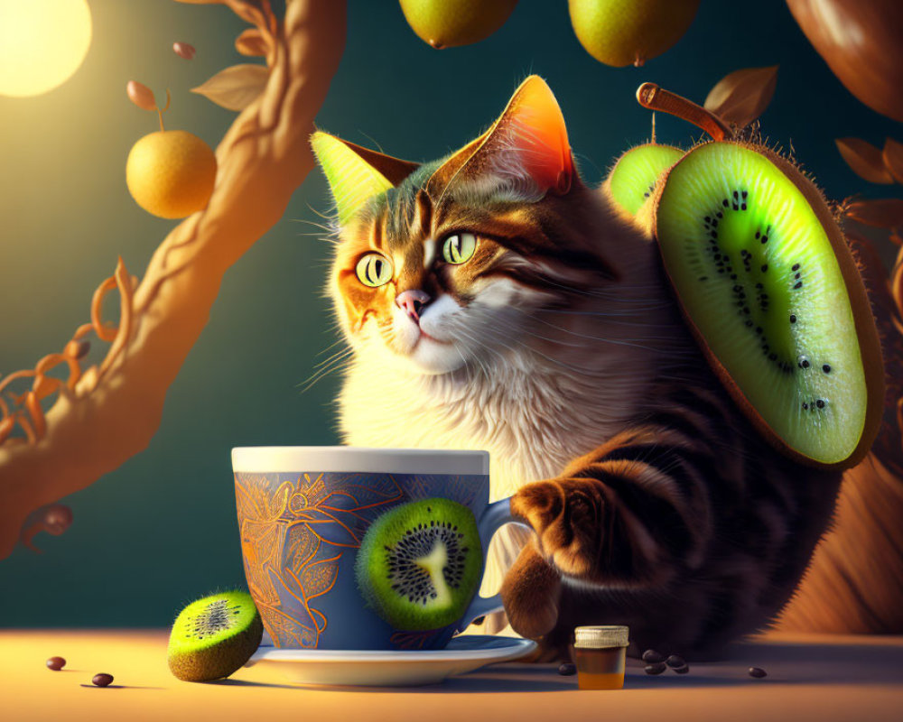 Whimsical cat with kiwi fruit ears beside decorated cup and coffee beans