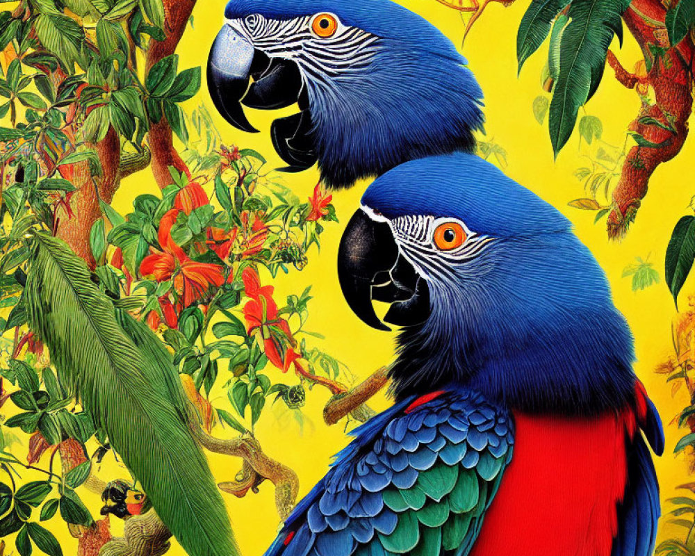 Vibrant blue macaws with yellow and red plumage in green foliage and red flowers on yellow