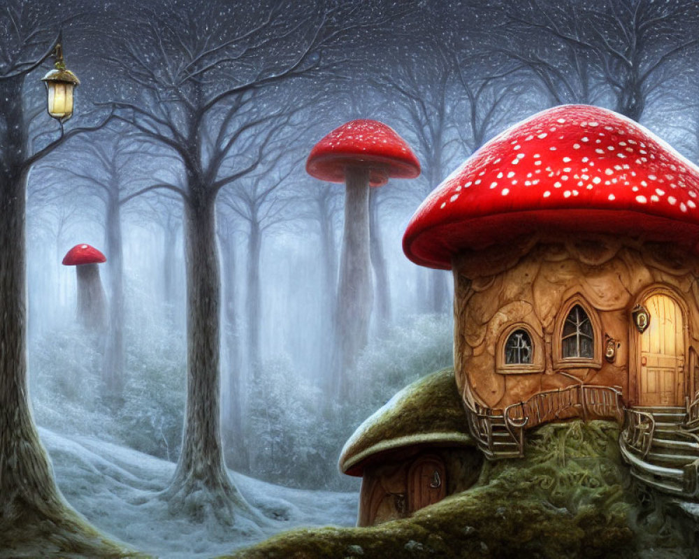 Illustration of red-capped mushroom house in foggy enchanted forest