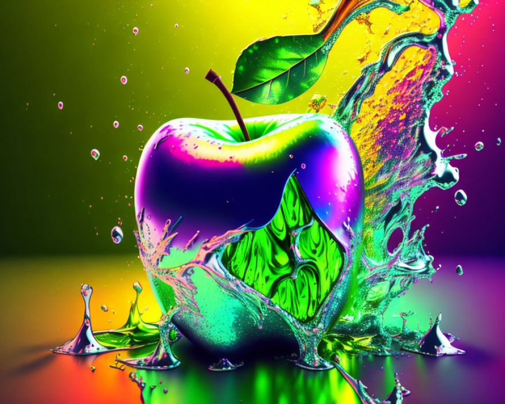 Colorful digital image of apple with paint splash and water droplets