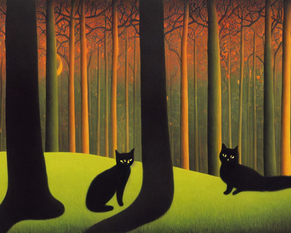 Two black cats with yellow eyes in stylized forest setting with tall trees and green-orange gradient.