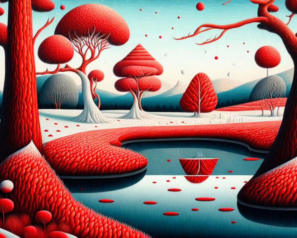 Surreal landscape with red foliage, stylized trees, blue river, and floating red orbs