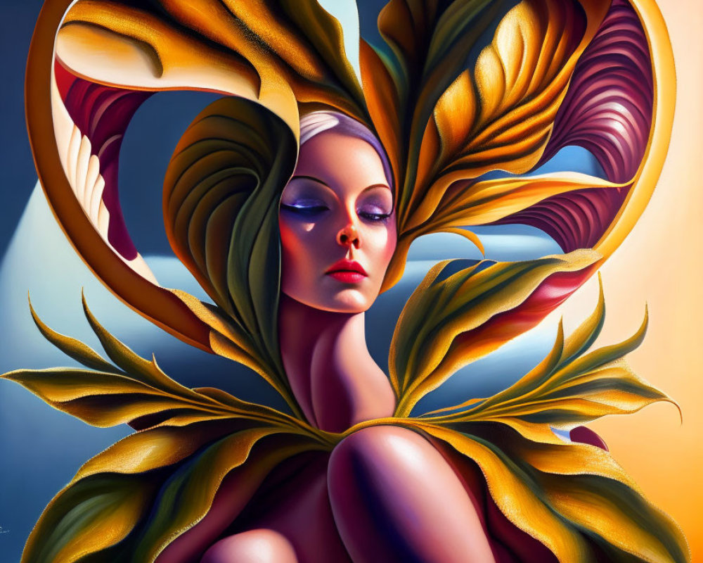 Surreal portrait of woman with stylized flora on gradient background