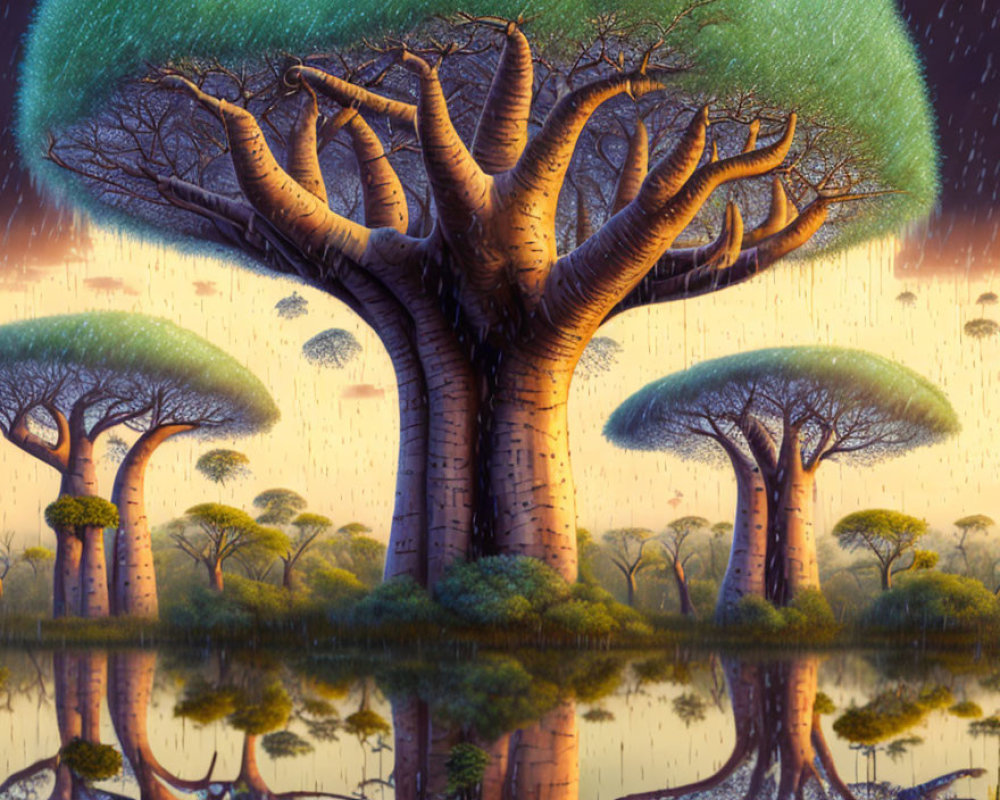 Majestic baobab trees in serene rain-kissed landscape