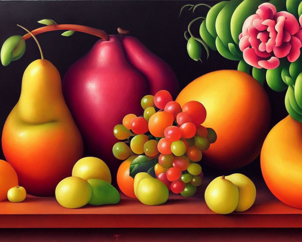 Colorful fruit and flowers in dark still-life painting