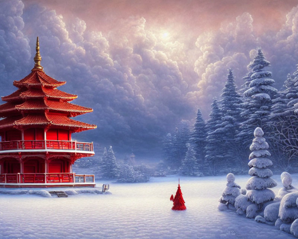 Red Pagoda in Snowy Winter Landscape with Glowing Sky