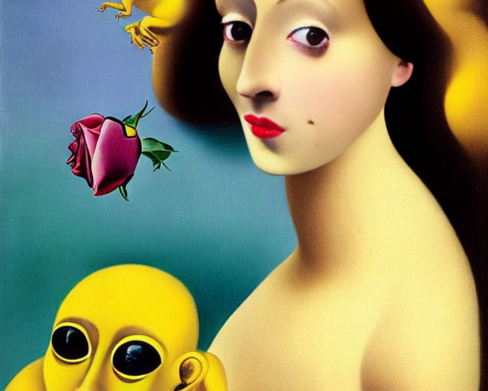 Surrealistic painting of woman with serene expression among floating yellow faces and roses on blue background