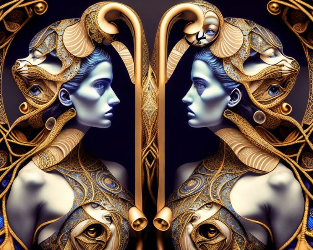 Symmetrical digital art: Mirrored ornate female figures with gold and blue designs