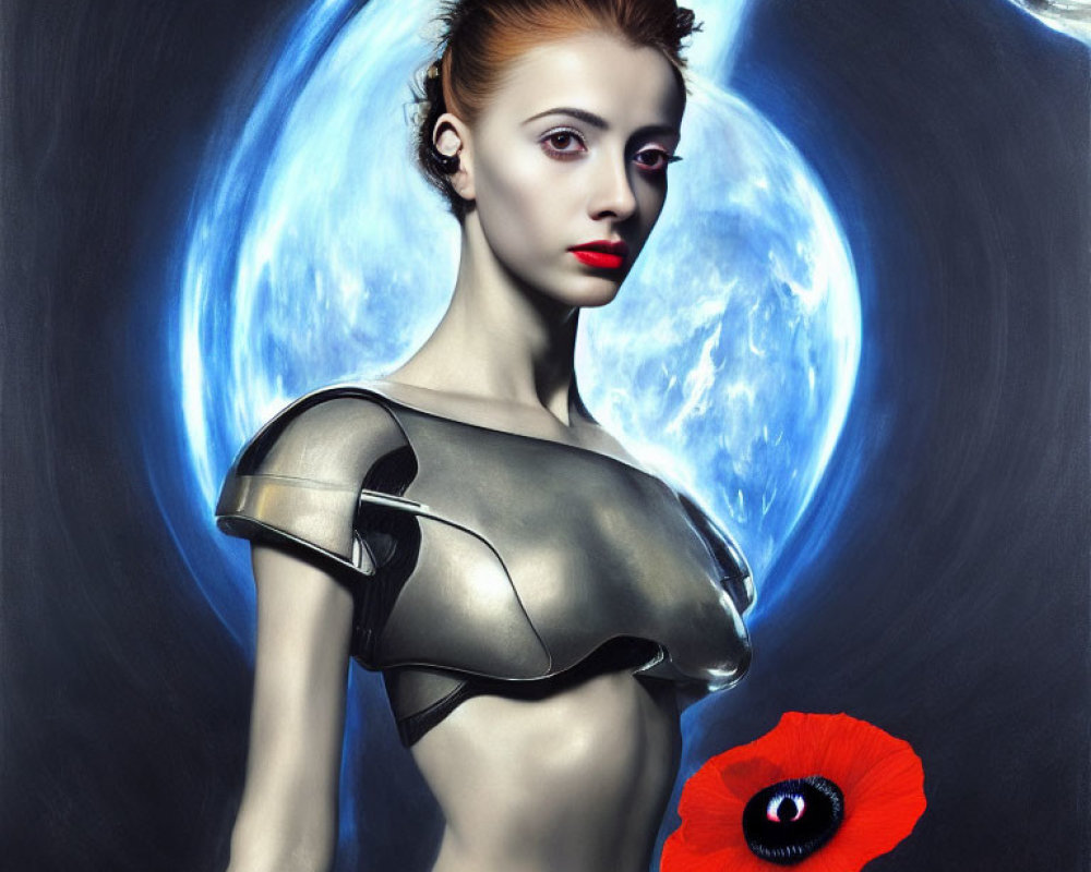 Surreal portrait of woman with sci-fi attire and cosmic backdrop