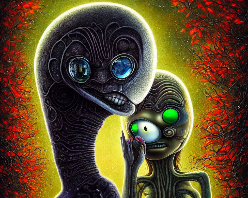 Stylized extraterrestrial beings with large eyes in red backdrop