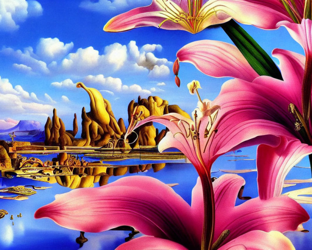 Surrealist landscape with pink lilies, fantastical rock formations, and reflective blue water.