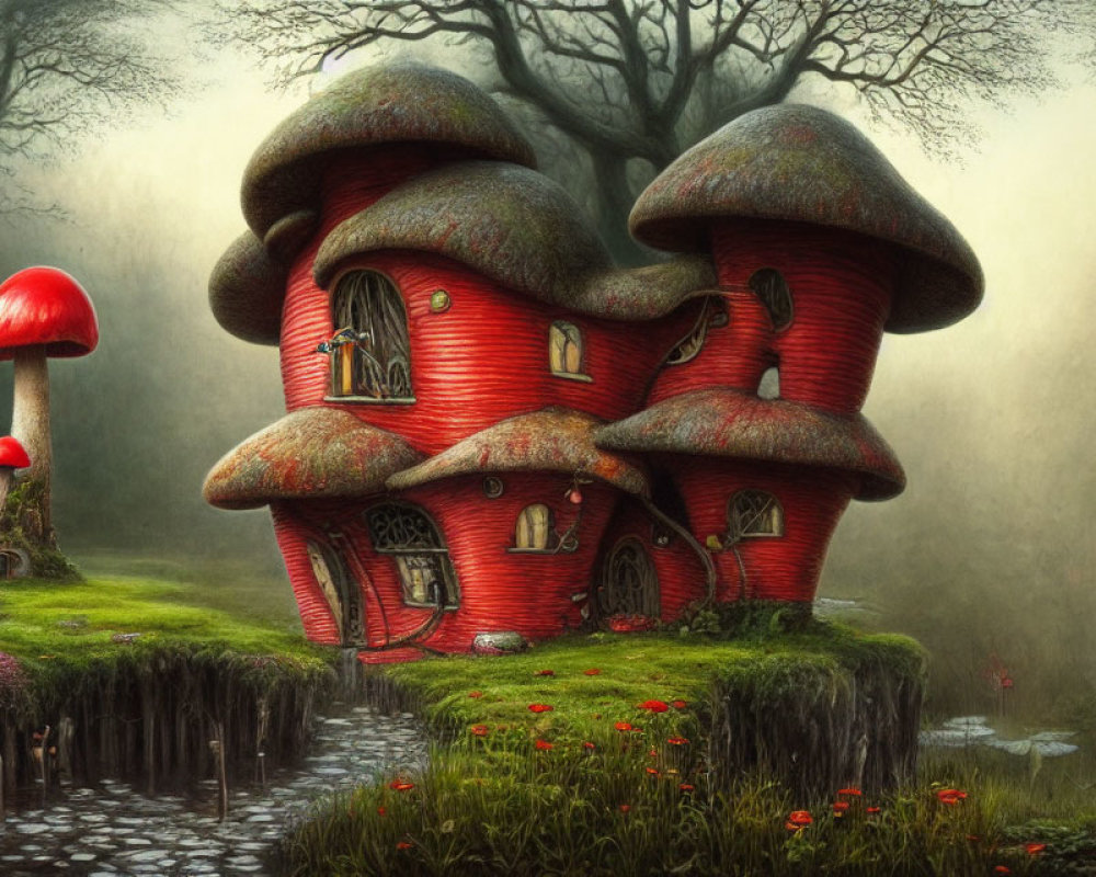 Mushroom-Shaped Houses in Foggy Forest with Red Flowers