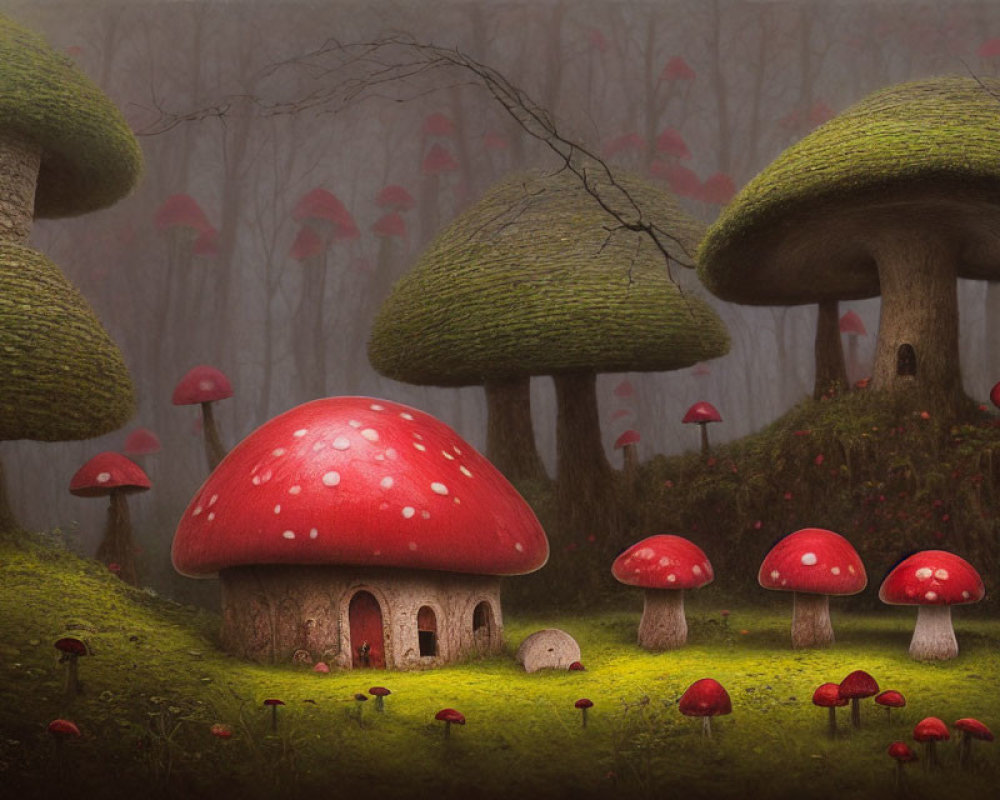 Whimsical forest with red-capped mushroom houses and misty ambiance