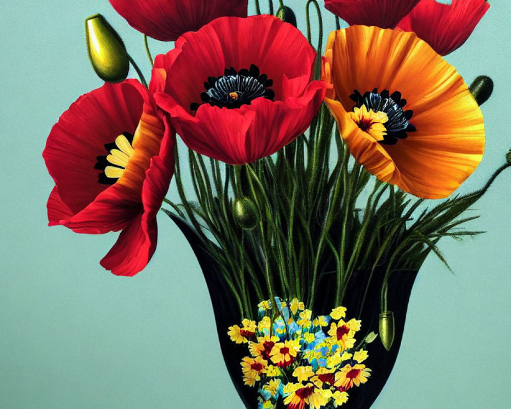 Colorful Poppy Arrangement in Dark Vase on Teal Background