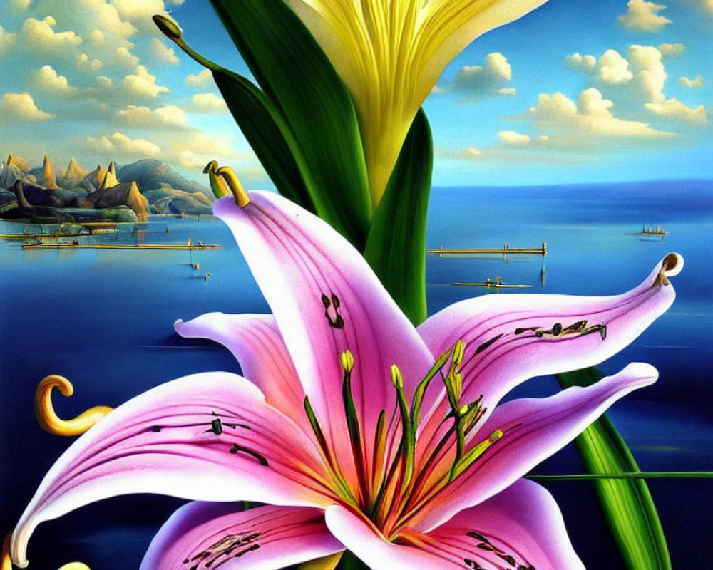 Colorful painting of pink and yellow lily with serene seascape and sailboats.