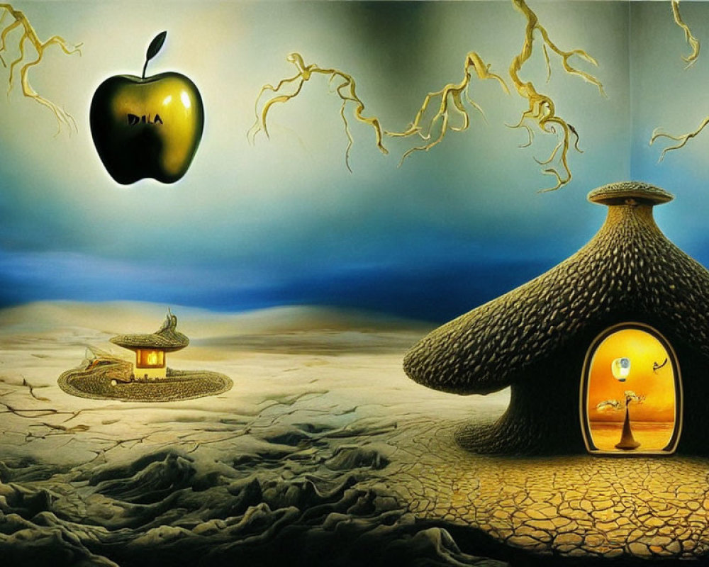 Surreal landscape featuring cracked desert floor, thatched hut, character, and floating apple.