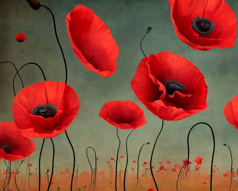 Bright red poppies with black centers on slender stems against a textured greenish-brown background.