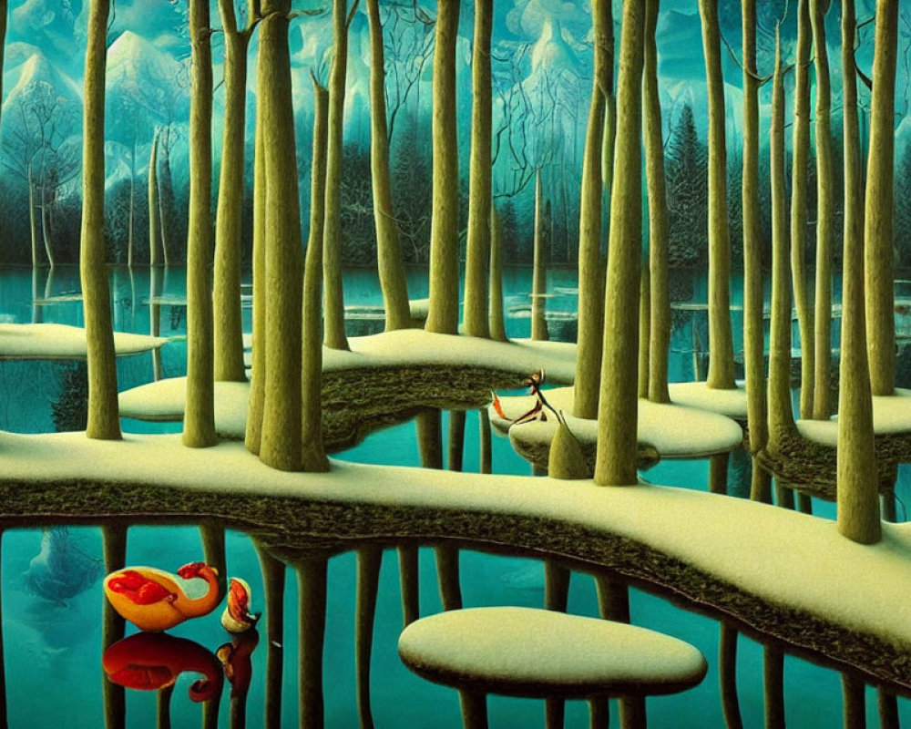 Surrealist winter forest painting with rowboat and red flower