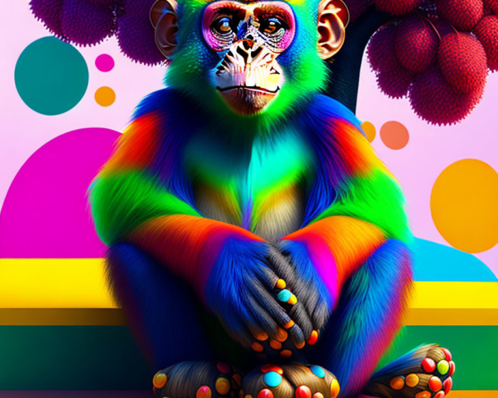 Colorful Monkey Artwork with Rainbow Fur on Abstract Background