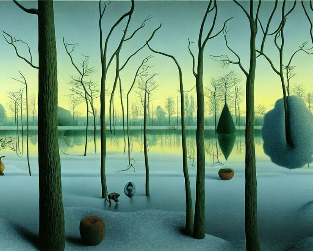 Snow-covered forest painting: Frozen lake, twilight sky, serene atmosphere