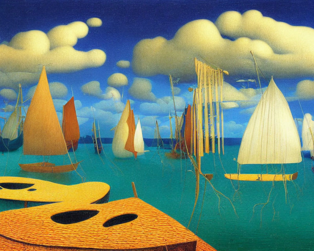 Colorful Sailboats Painting with Surreal Violin Dockyards