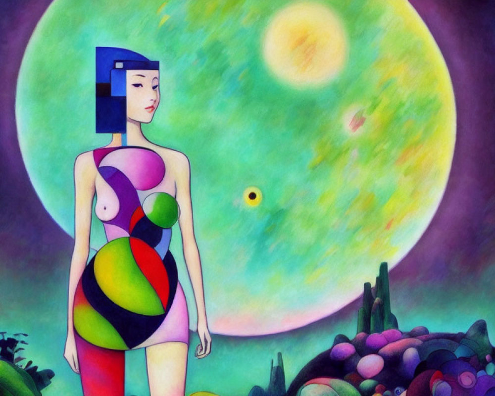 Vibrant painting of woman with geometric patterns under large moon