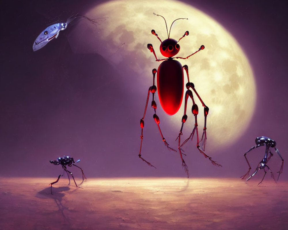 Surreal oversized ants in barren landscape with spacecraft and moon