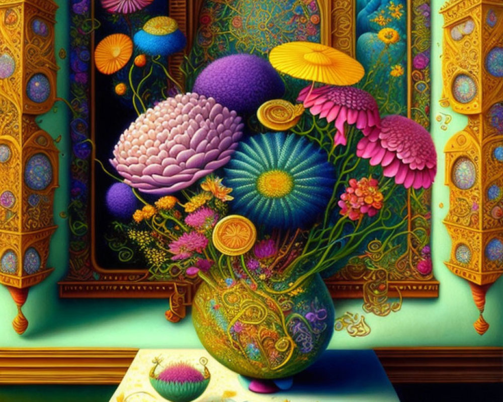 Colorful Still Life Painting with Ornate Vase and Stylized Flowers