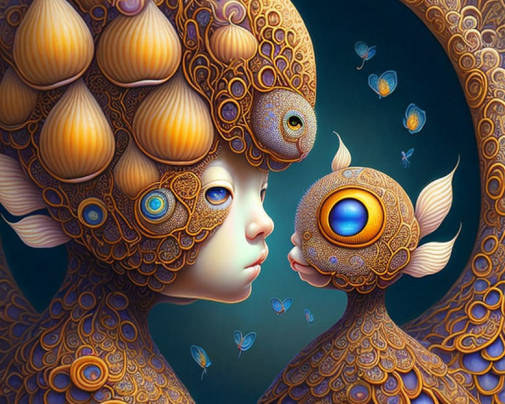 Surreal digital artwork: Faces with ornate patterns and captivating eyes, aquatic beings, fish,