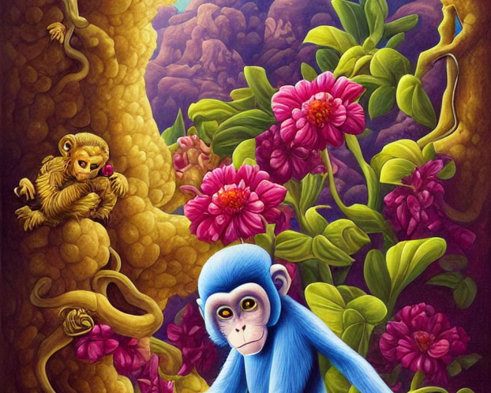 Colorful illustration of blue and yellow monkeys in a lush floral setting