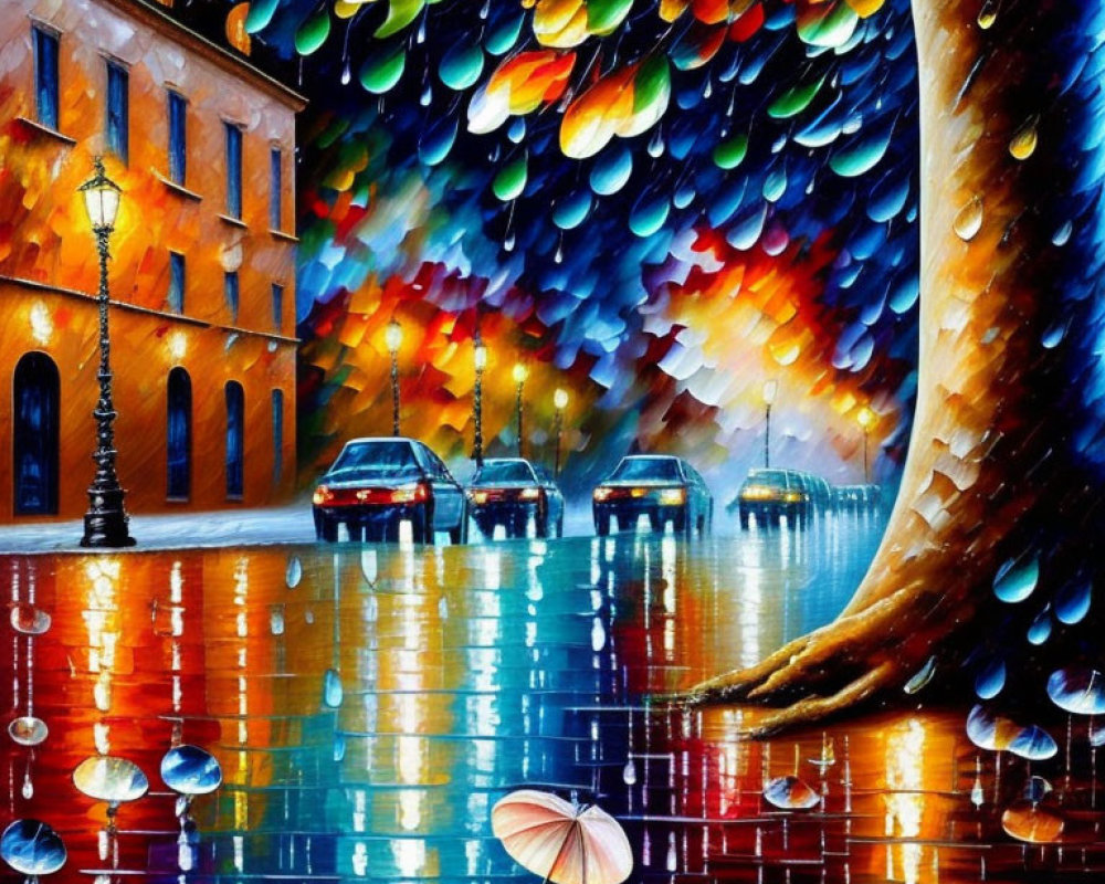 Colorful Rainy Night Street Scene with Tree and Street Lamps