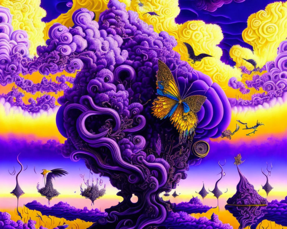 Surreal landscape with purple and yellow hues, swirling clouds, tree-like structure, fantastical flora