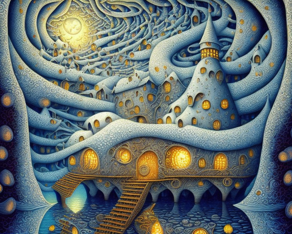 Whimsical night-time illustration with golden-lit windows and spiraling sky.