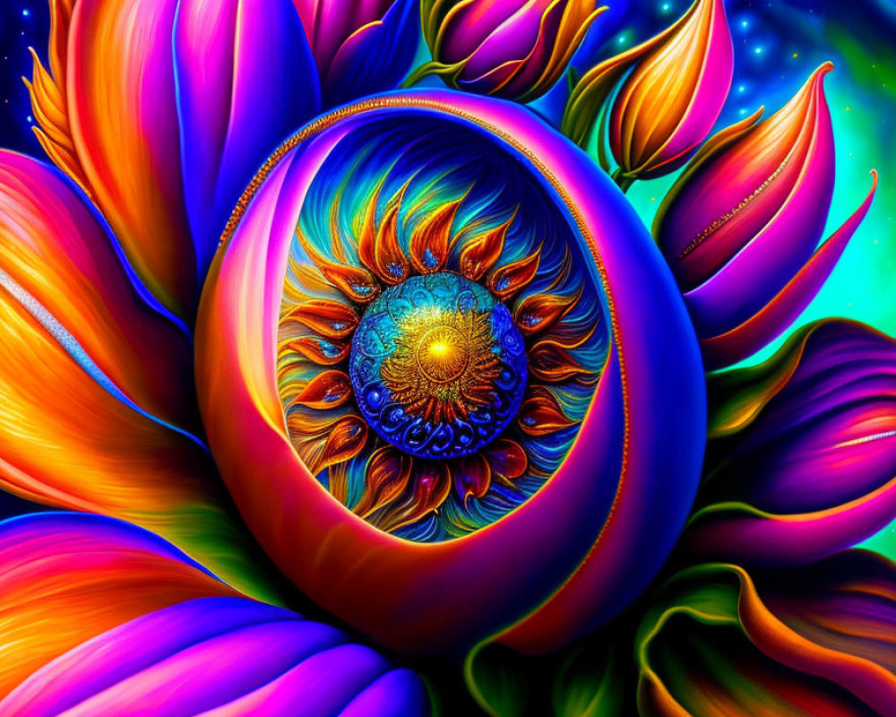 Colorful digital artwork with central eye and intricate petal-like structures in blues, purples,