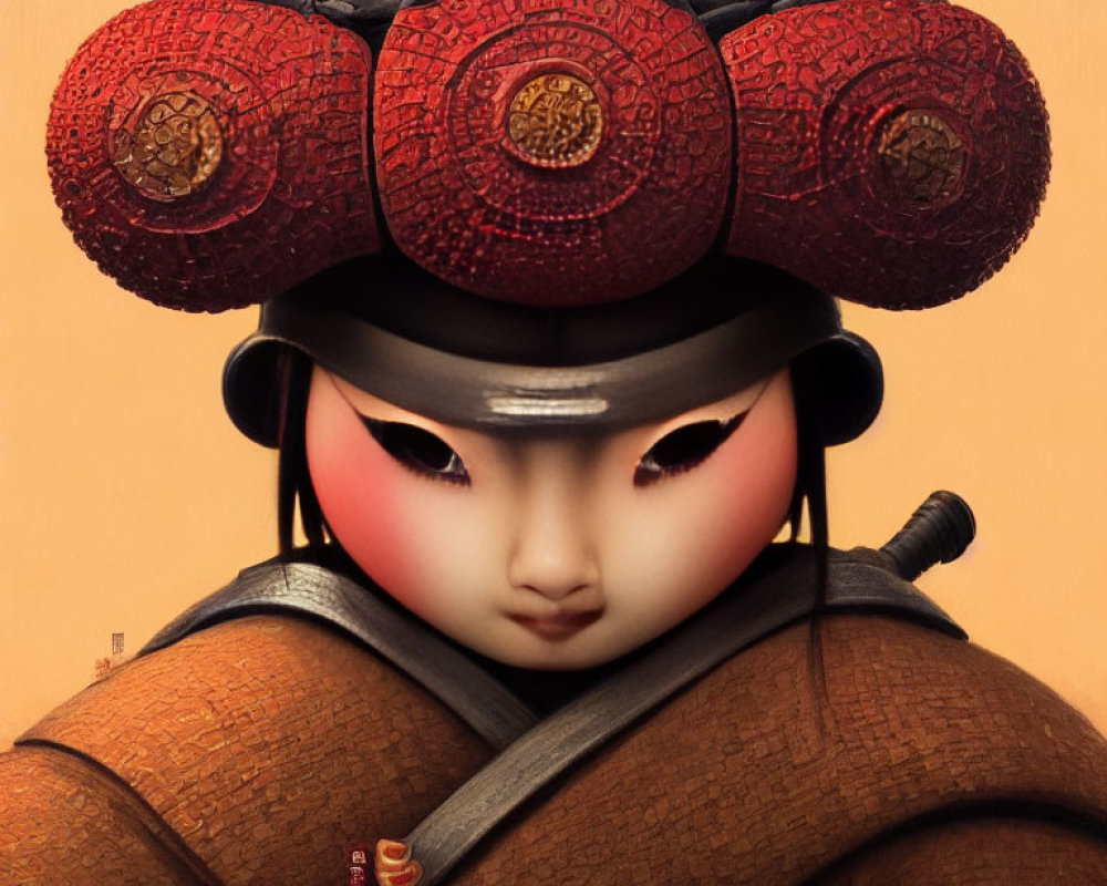 Illustration of character with stylized samurai helmet and traditional armor.