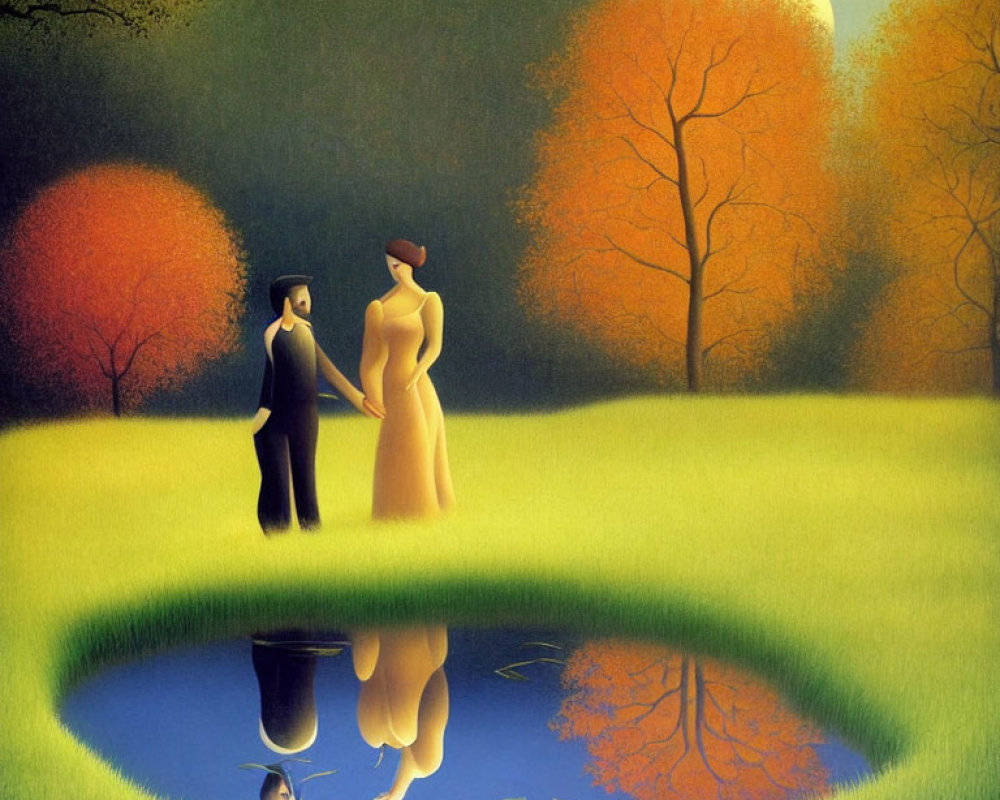 Couple in autumn landscape by pond with colorful trees