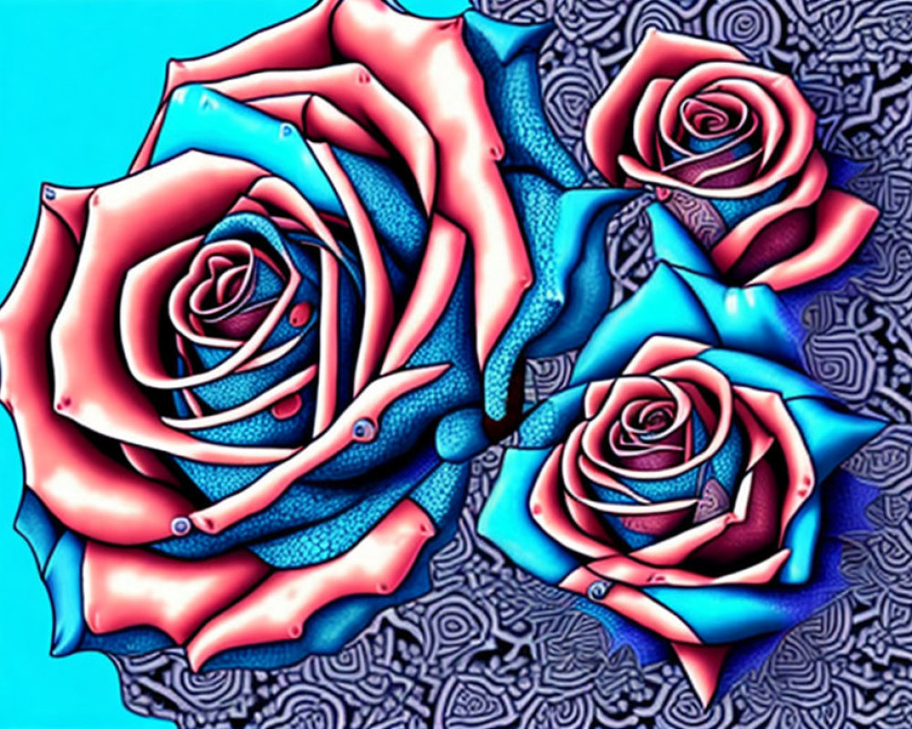 Digitally enhanced image of three stylized roses in vibrant blue and pink hues on textured background