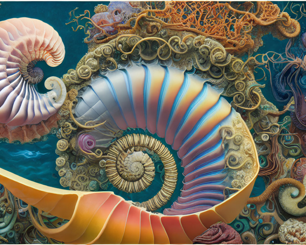 Colorful Marine Life and Nautilus Shells in Vibrant Underwater Scene