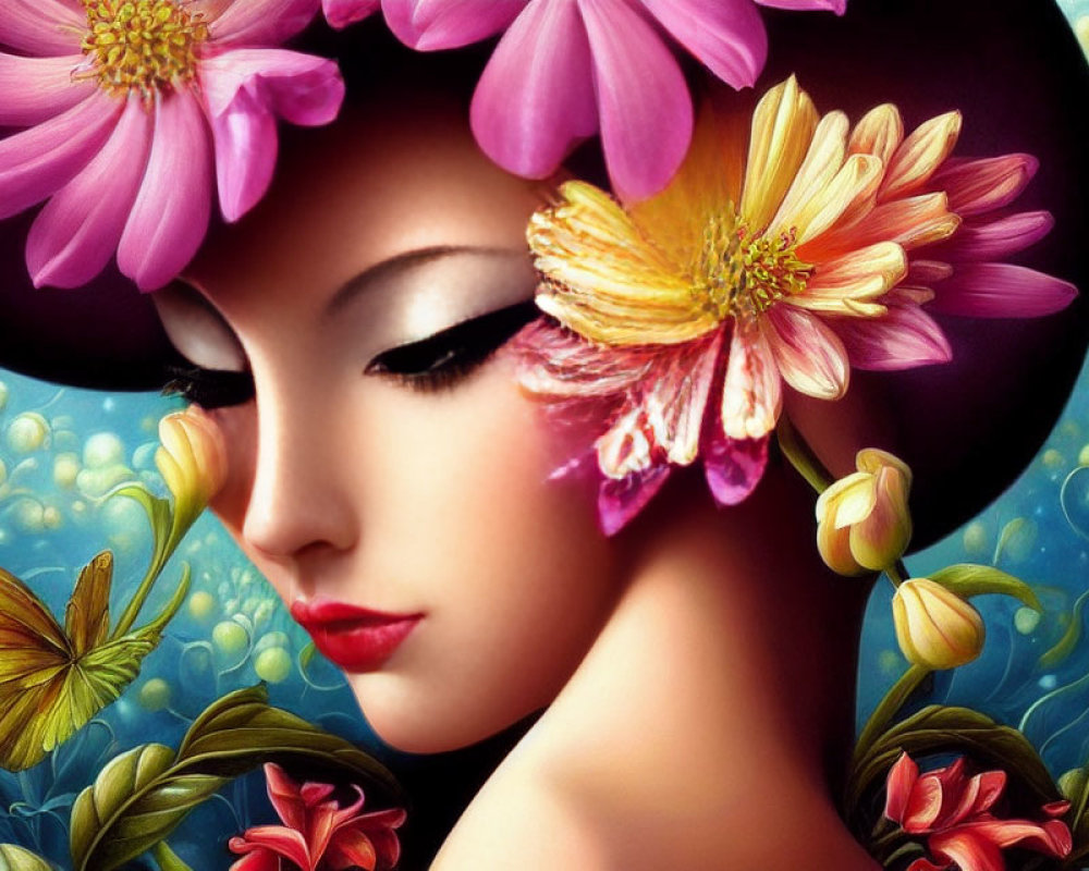 Vibrant image: Woman with flowers in hair, butterfly, floral backdrop