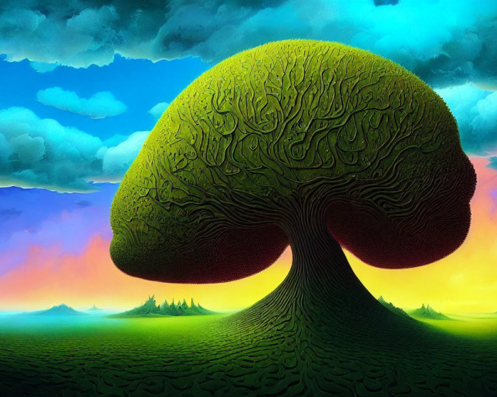 Vibrant surreal painting: mirrored tree branches and roots against colorful sky