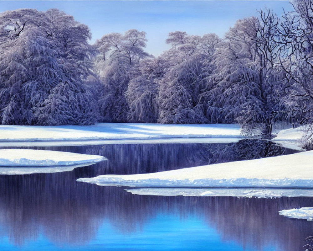 Snow-covered trees and frozen river in serene winter landscape