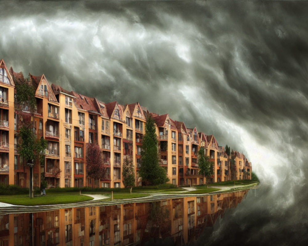 Dramatic image: Apartment buildings reflected in water under stormy sky