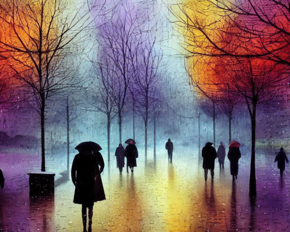 Vibrant painting of people with umbrellas on rain-soaked street