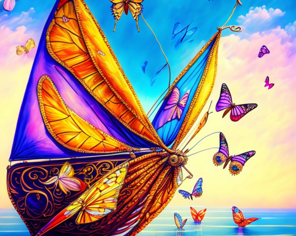 Vibrant Sailboat with Butterfly Sails on Calm Sea at Sunset