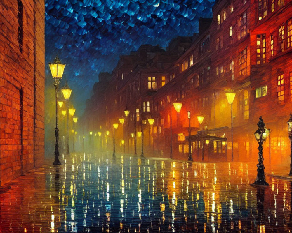 Historical cobblestone street at twilight with warm streetlights and wet reflections.